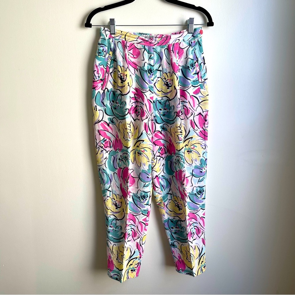 Vintage 80s ESPRIT Linen/Rayon Tapered Floral Pleated Pants Made in Italy Small